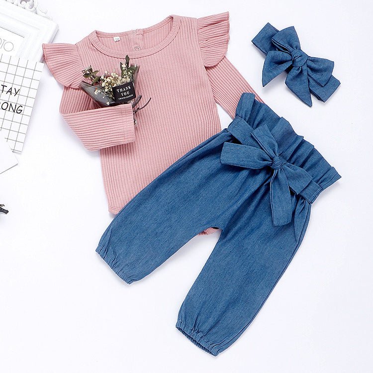 Flutter-Top, Denim-Pants & Headband 3-Piece Set