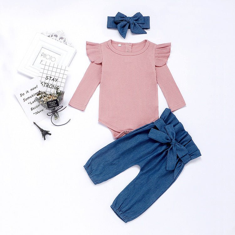 Flutter-Top, Denim-Pants & Headband 3-Piece Set