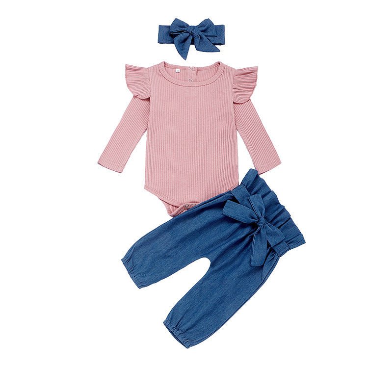 Flutter-Top, Denim-Pants & Headband 3-Piece Set