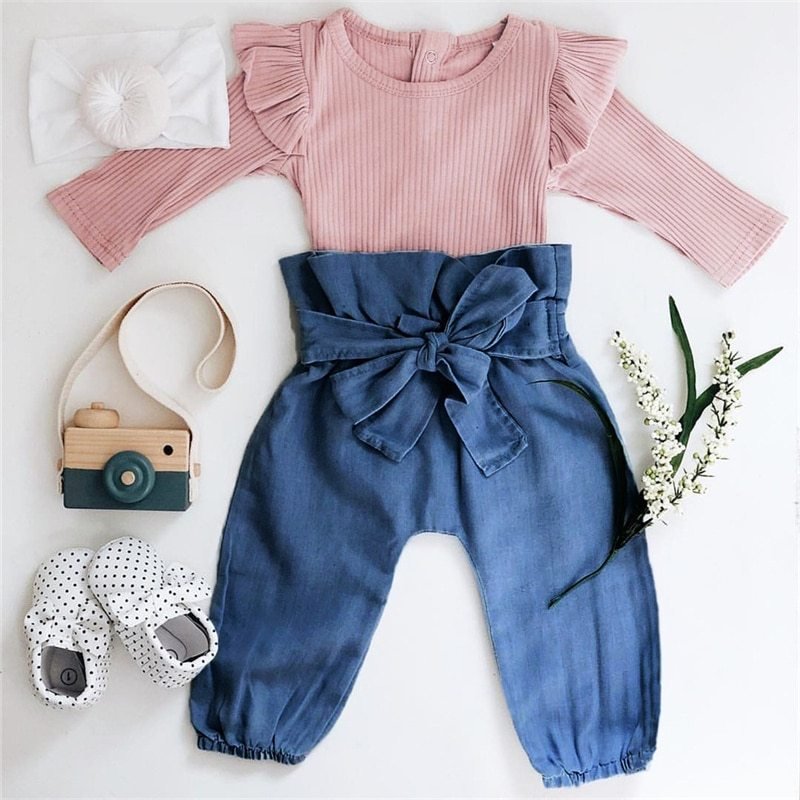 Flutter-Top, Denim-Pants & Headband 3-Piece Set