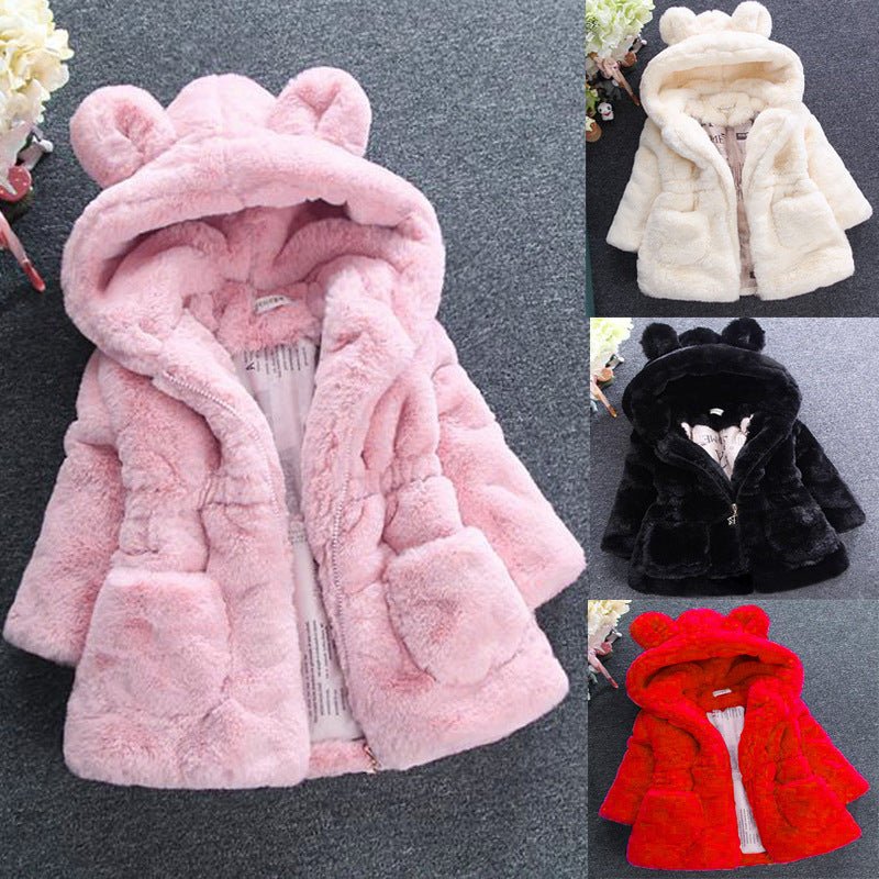 Girl's Plush Hooded Fur Coat