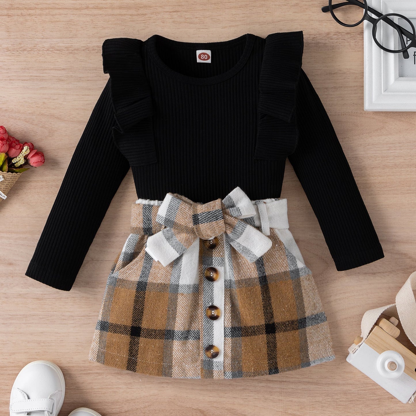 Elegant Ruffled Long-Sleeve Shirt and Plaid Skirt