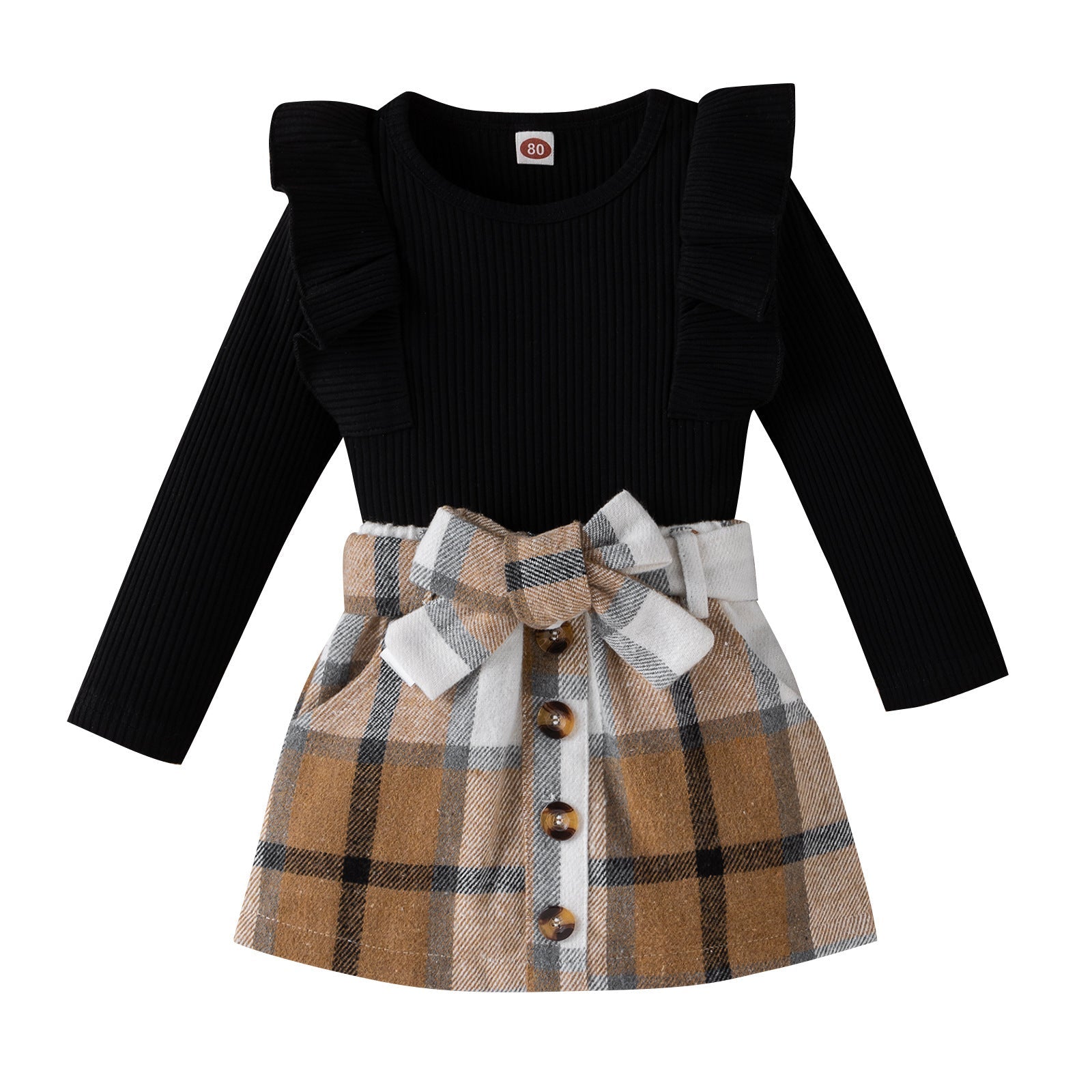 Elegant Ruffled Long-Sleeve Shirt and Plaid Skirt