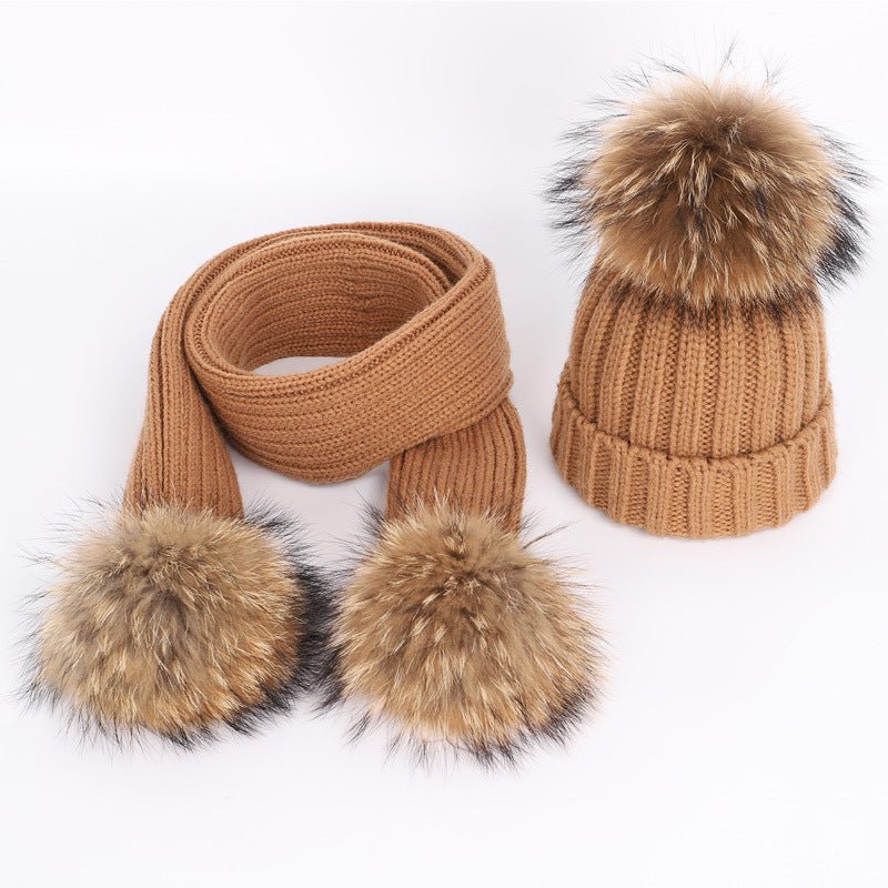 Raccoon Fur Ball Hat and Scarf Set