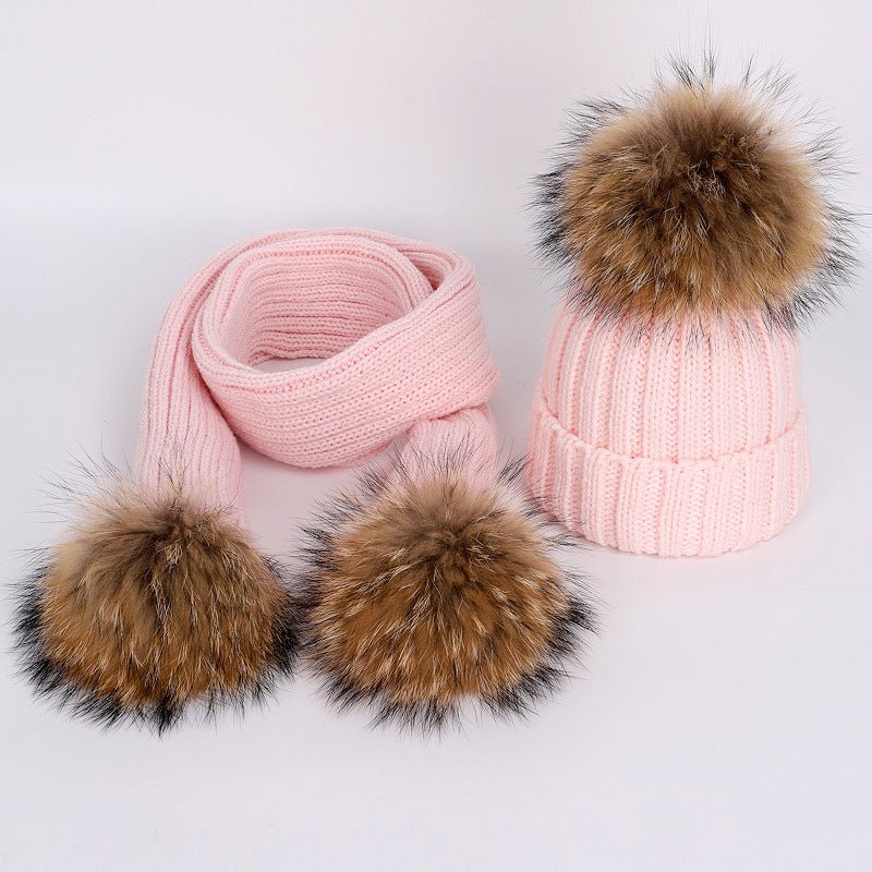 Raccoon Fur Ball Hat and Scarf Set