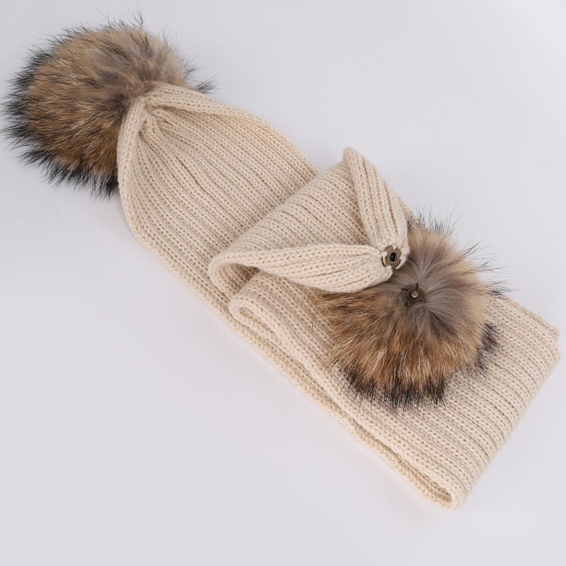 Raccoon Fur Ball Hat and Scarf Set