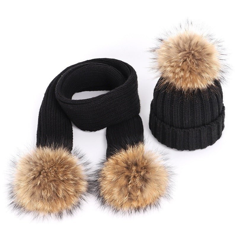 Raccoon Fur Ball Hat and Scarf Set