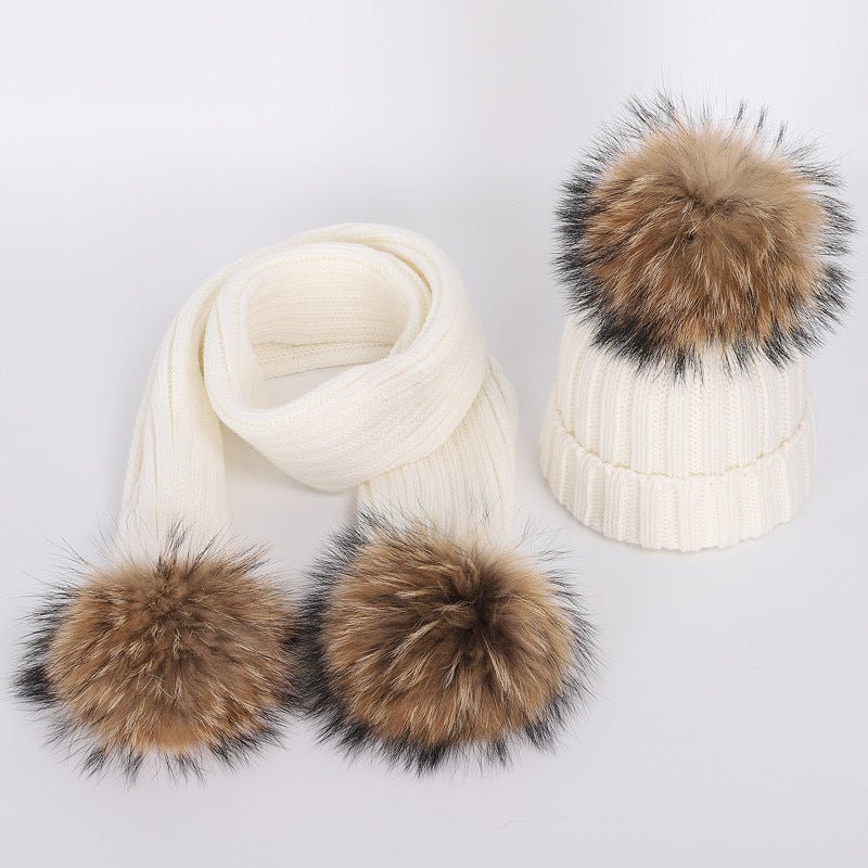 Raccoon Fur Ball Hat and Scarf Set