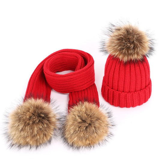 Raccoon Fur Ball Hat and Scarf Set