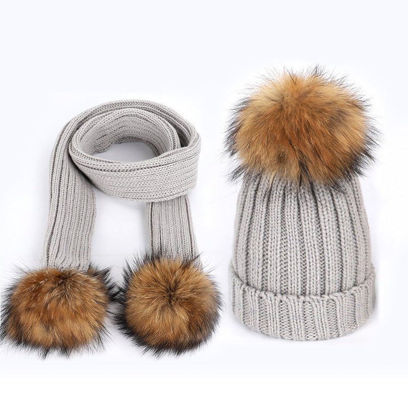 Raccoon Fur Ball Hat and Scarf Set