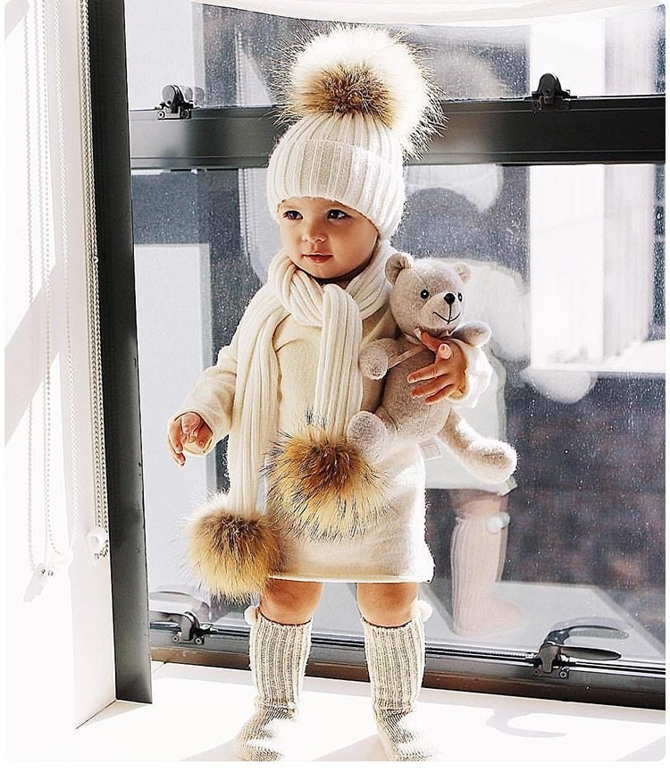 Raccoon Fur Ball Hat and Scarf Set