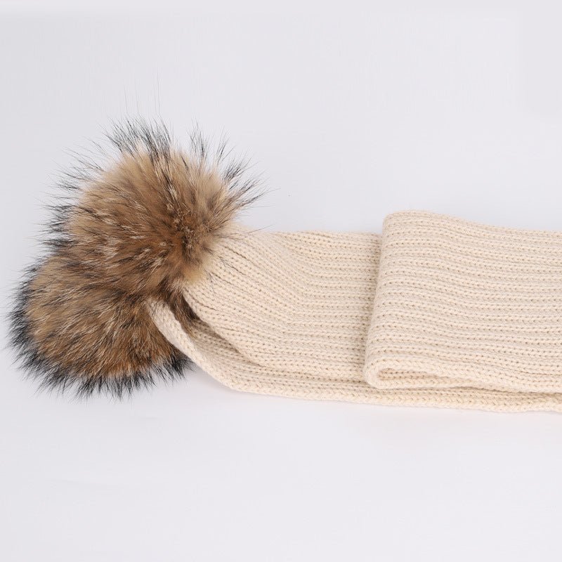 Raccoon Fur Ball Hat and Scarf Set