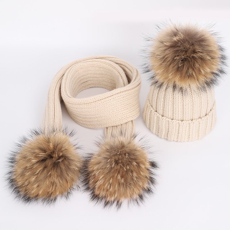 Raccoon Fur Ball Hat and Scarf Set