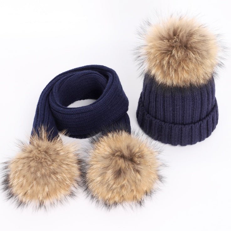 Raccoon Fur Ball Hat and Scarf Set