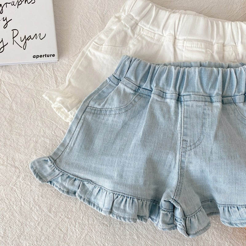 Girls’ Ruffled Cotton Denim Shorts