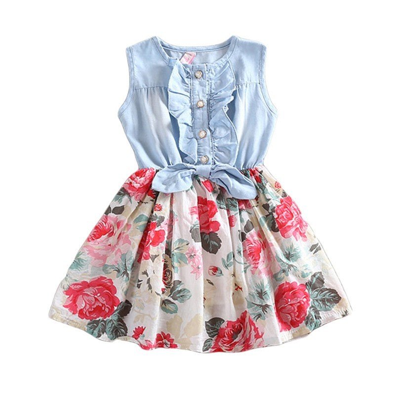 Girls Sleeveless Ruffle & Floral Summer Dress